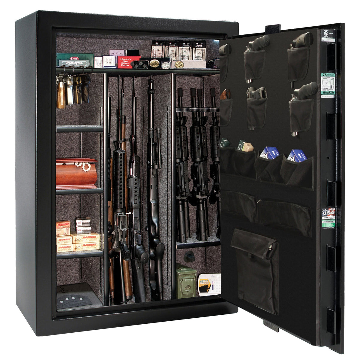 Fatboy Jr. Series | Extreme 6-in-One Flex Interior | Level 4 Security | 75 Minute Fire Protection | Dimensions: 60.5&quot;(H) x 42&quot;(W) x 22&quot;(D) | Up to 45 Long Guns | Black Textured | Mechanical Lock – Open